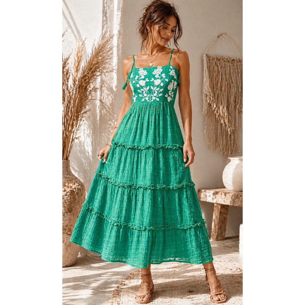 Green Embroidered Maxi Dress Boho Tiered Gauze Cottagecore Summer Coastal